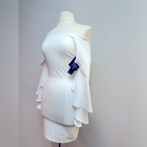 WHITE MIDI OFF THE SHOULDER DRESS WITH CHIFFON FLUTTER SLEEVES - Picture 3 of 9